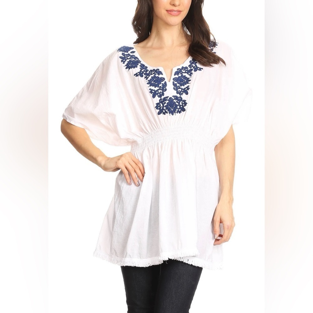 NWT Sakkas Octavia Smocked Dolman Sleeve Blouse with Split Neck and Embroidery